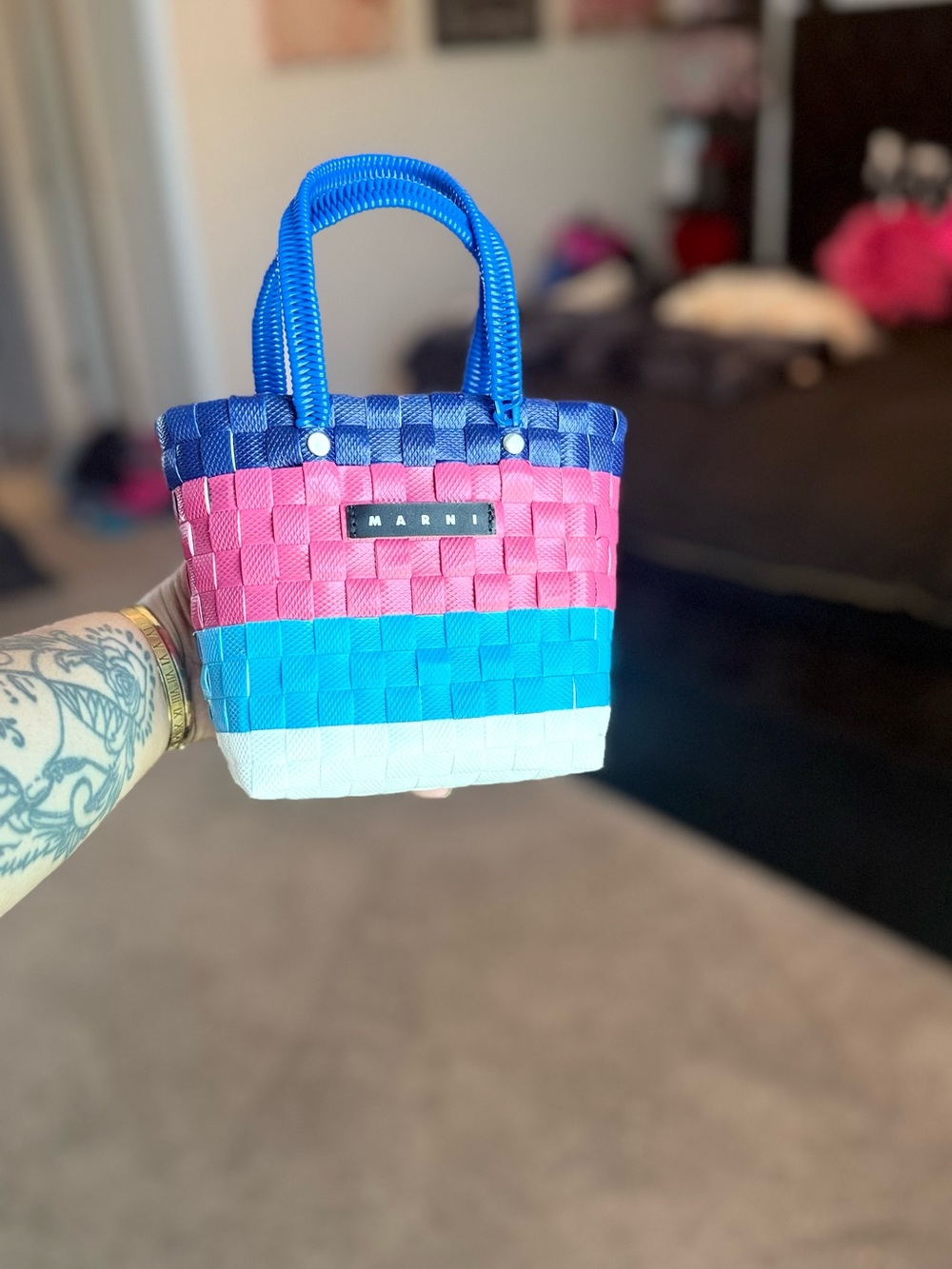 Marni Striped Woven Mini Tote in Blue, Pink & White